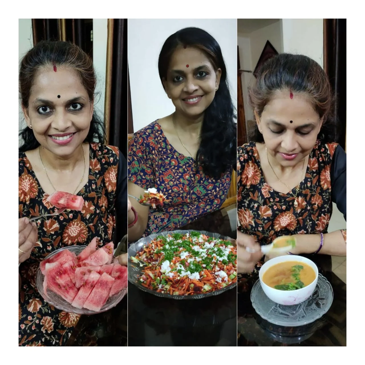 A glimpse into her daily Satvic diet- mono fruit for breakfast, Satvic salad for lunch,  and Satvic tomato soup for dinner