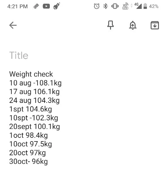 A screenshot from Gunjan’s phone, where she used to track her weight while following the lifestyle.